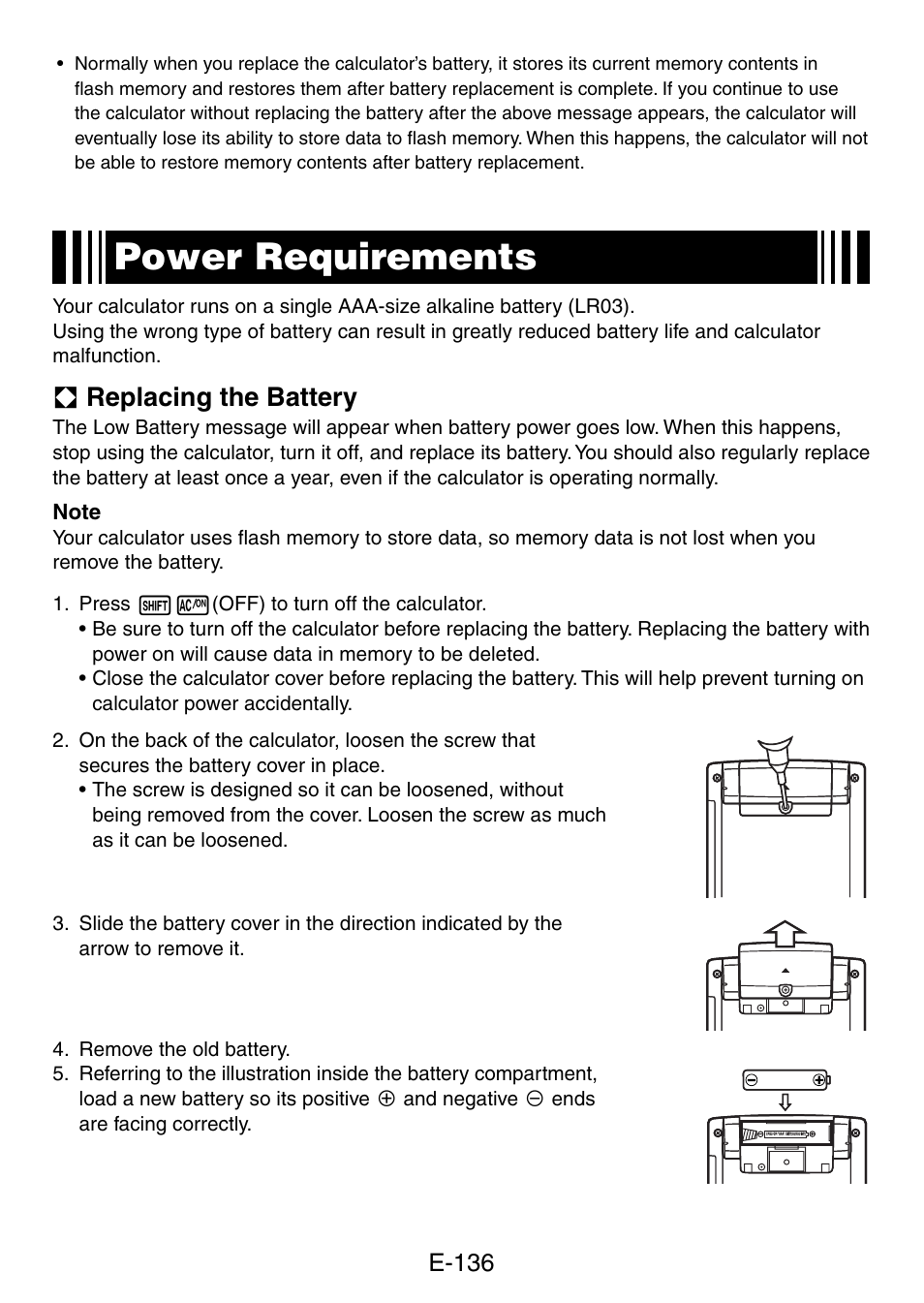 Power requirements, A replacing the battery, E-136 | Casio fx-5800P User  Manual | Page 137 / 147