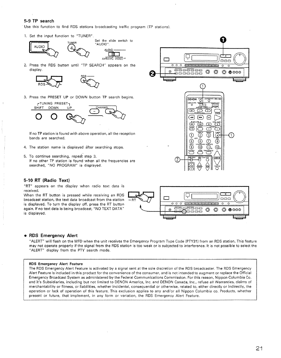 9 tp search, 10 rt (radio text), Rds emergency alert | Denon AVR-2500 User  Manual | Page 21 / 24 | Original mode