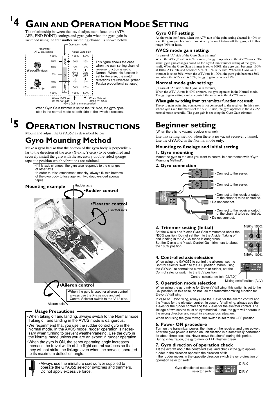Gyro mounting method, Beginner setting, Ain and | Futaba GYA352 User Manual  | Page 2 / 4 | Original mode