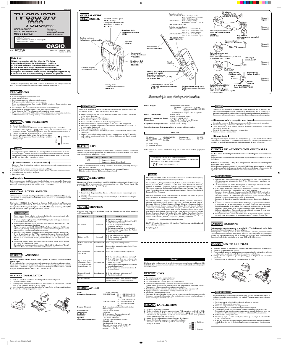 Casio LCD Color Television TV-890/990 User Manual | 2 pages | Also for: LCD  Color Television TV-970D, LCD Color Television TV-970N