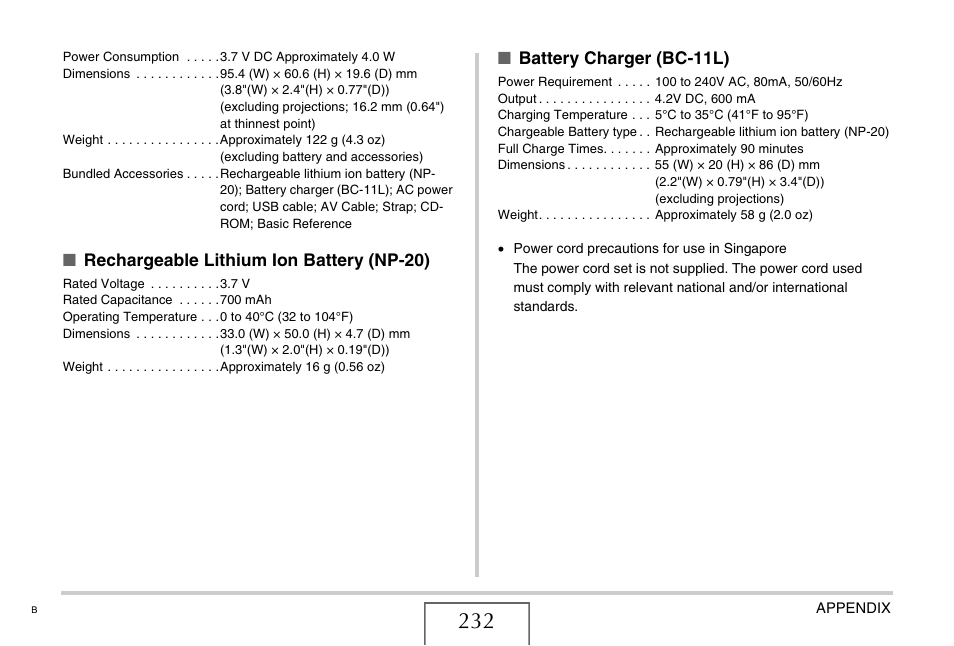 Rechargeable lithium ion battery (np-20), Battery charger (bc-11l) | Casio  EXILIM EX-Z75 User Manual | Page 232 / 233