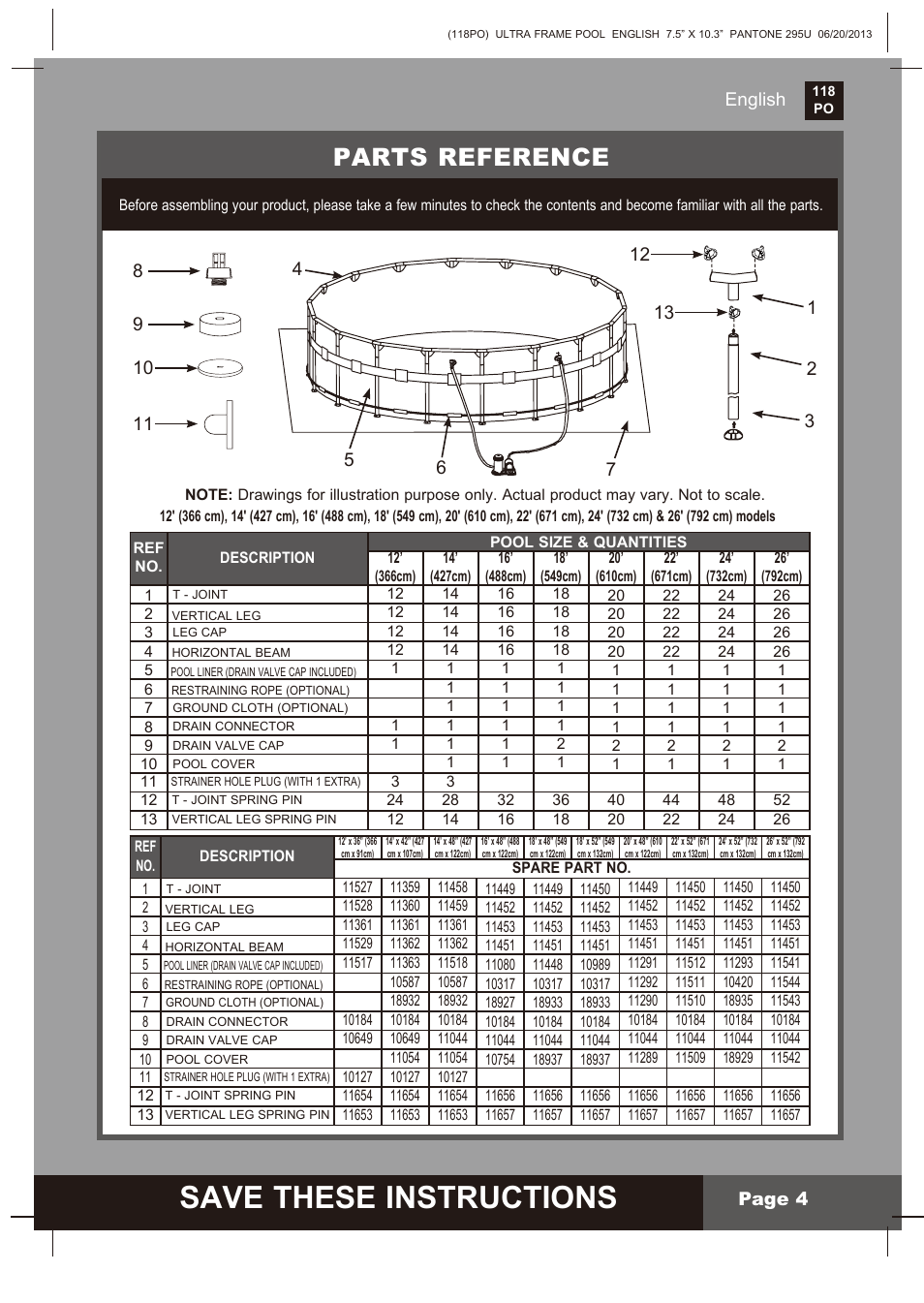 Save these instructions, Parts reference, English page 4 | Intex 18 FT X 52  IN ULTRA FRAME POOL 2014 User Manual | Page 4 / 12 | Original mode