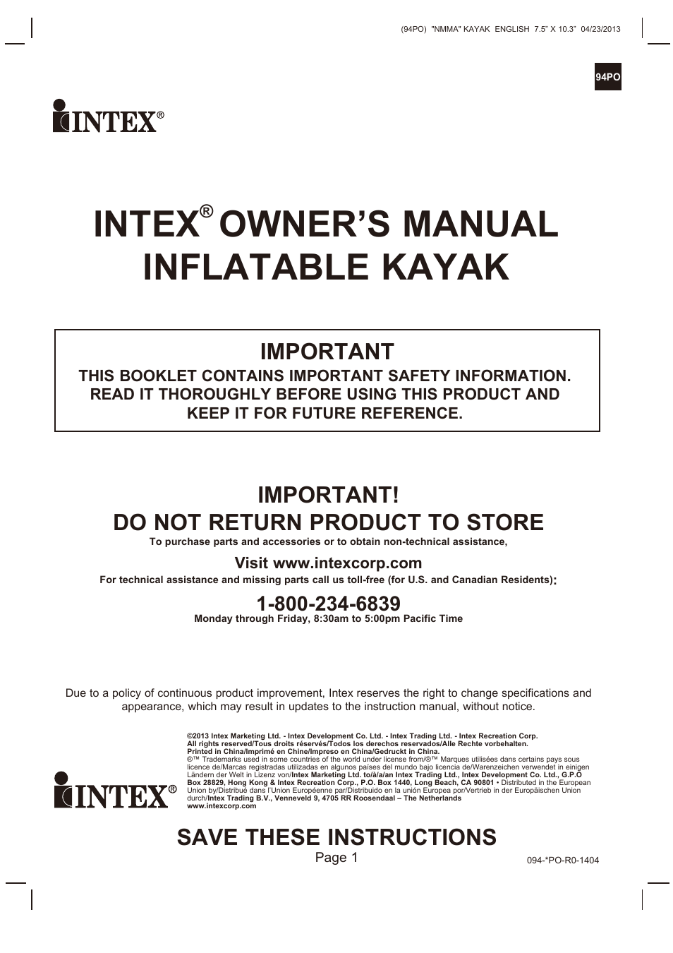 Intex EXPLORER K2 KAYAK 2014 User Manual | 9 pages | Also for: CHALLENGER  K2 KAYAK 2014