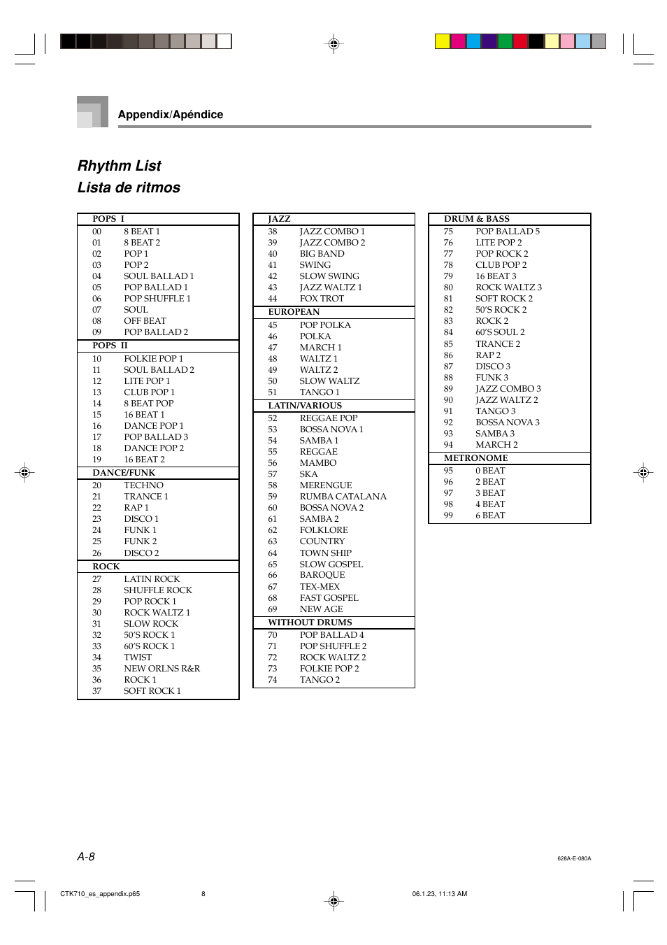 Rhythm list lista de ritmos, A-8 appendix/apéndice | Casio CTK710 User  Manual | Page 44 / 48 | Original mode