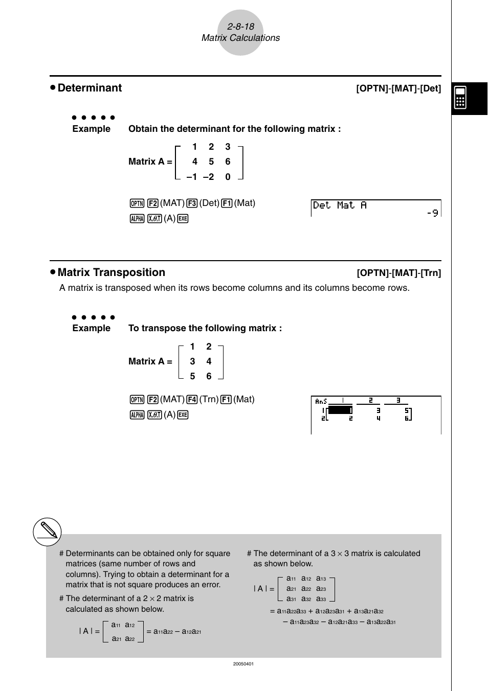 Determinant, Matrix transposition, Optn] - [mat] - [det | Casio fx-9860G SD  User Manual | Page 135 / 596 | Original mode