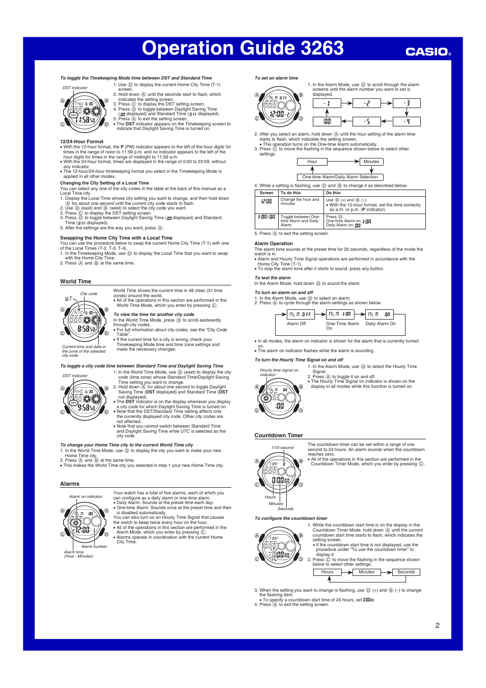 World time, Alarms, Countdown timer | G-Shock GD-100 User Manual | Page 2 /  4 | Original mode