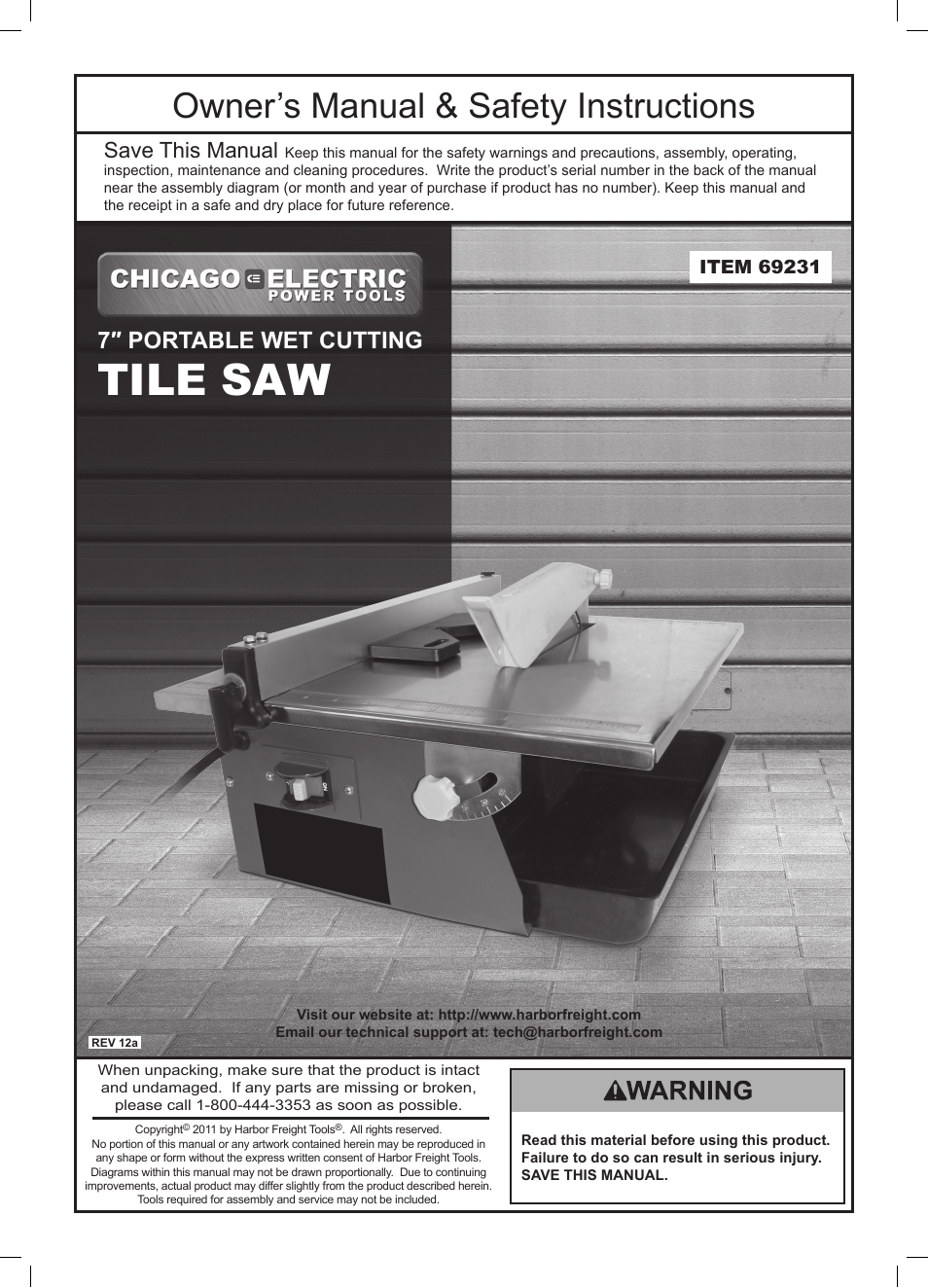 Chicago Electric Power Tools / Tile Saw 69231 User Manual | 16 pages