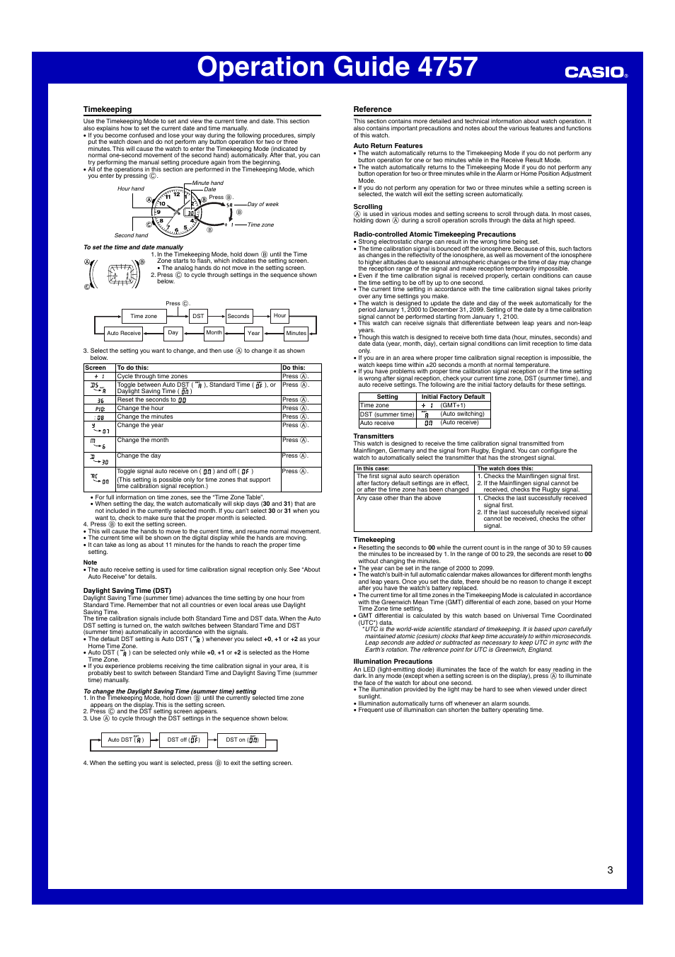 Timekeeping, Reference, Operation guide 4757 | Casio 4757 User Manual |  Page 3 / 4