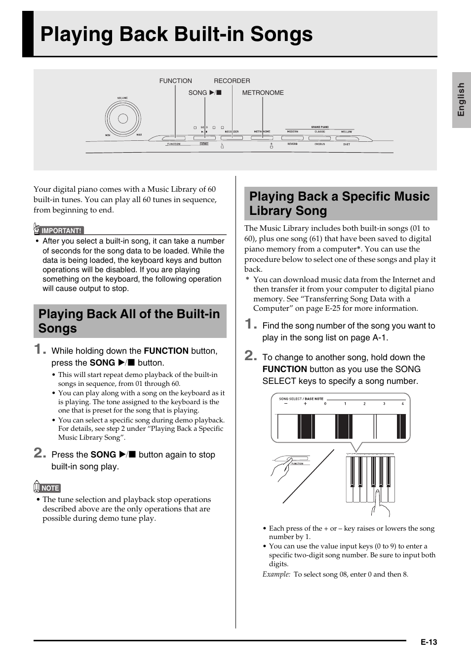Playing back built-in songs | Casio PRIVIA PX135 User Manual | Page 15 / 37