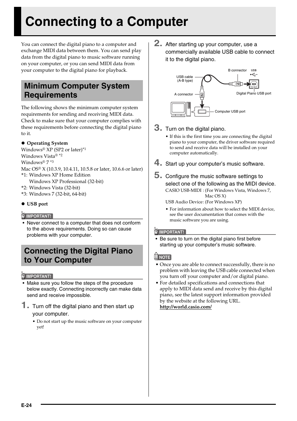 Connecting to a computer, Minimum computer system requirements, Connecting  the digital piano to your computer | Casio PRIVIA PX135 User Manual | Page  26 / 37