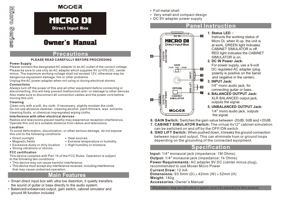 MOOER MICRO DI User Manual | 1 page