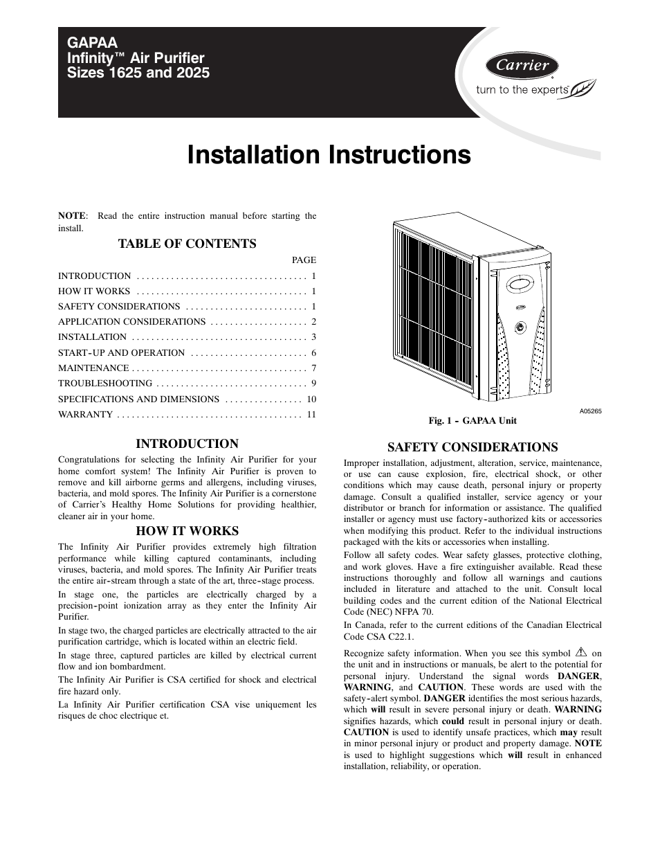 Carrier INFINITY 1625 User Manual | 12 pages