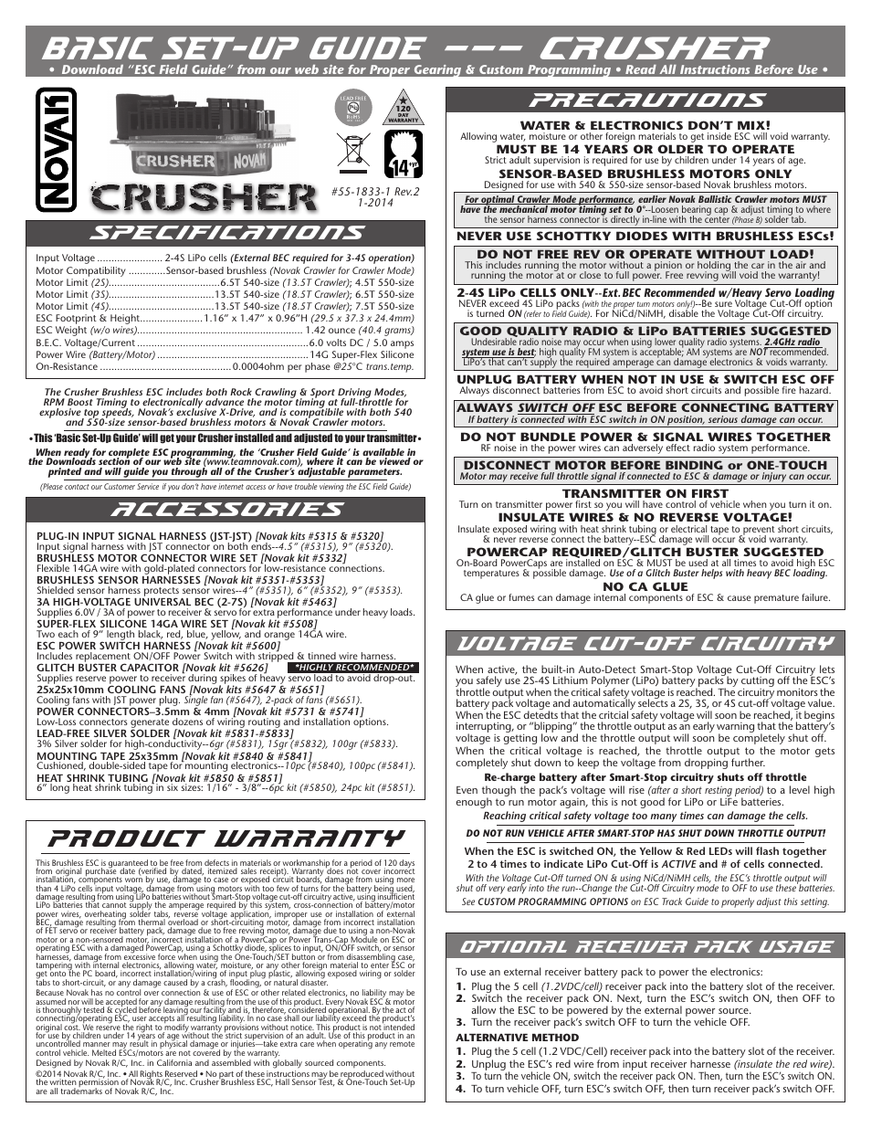 Novak Brushless Speed Control: Crusher Basic Set-Up (original) (55-1833-1  Rev.2) User Manual | 2 pages