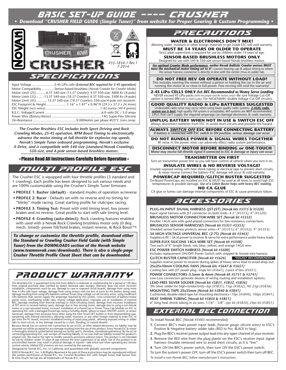 Novak Brushless Speed Control: Crusher Basic Set-Up (w/Simple-Tuner)  (55-1834-1 Rev.1) User Manual | 2 pages