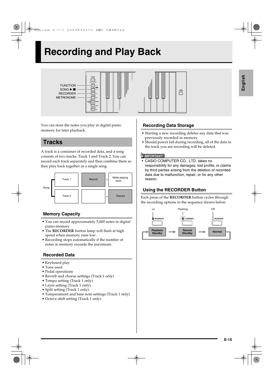 Recording and play back, Tracks | Casio Celviano AP-220 User Manual | Page  17 / 39