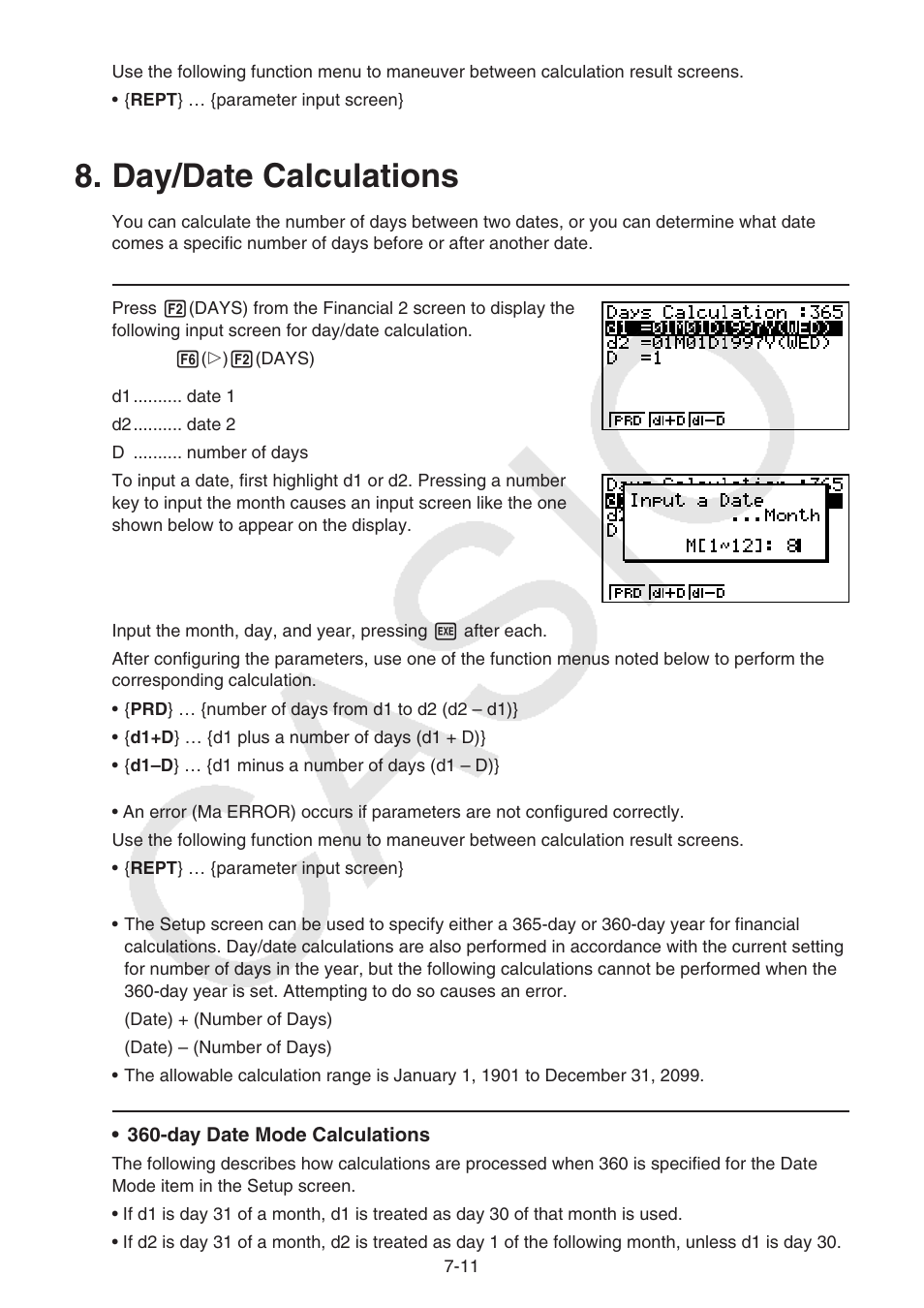 Day/date calculations, Day/date, Calculations | Casio FX-9750GII User  Manual | Page 206 / 402