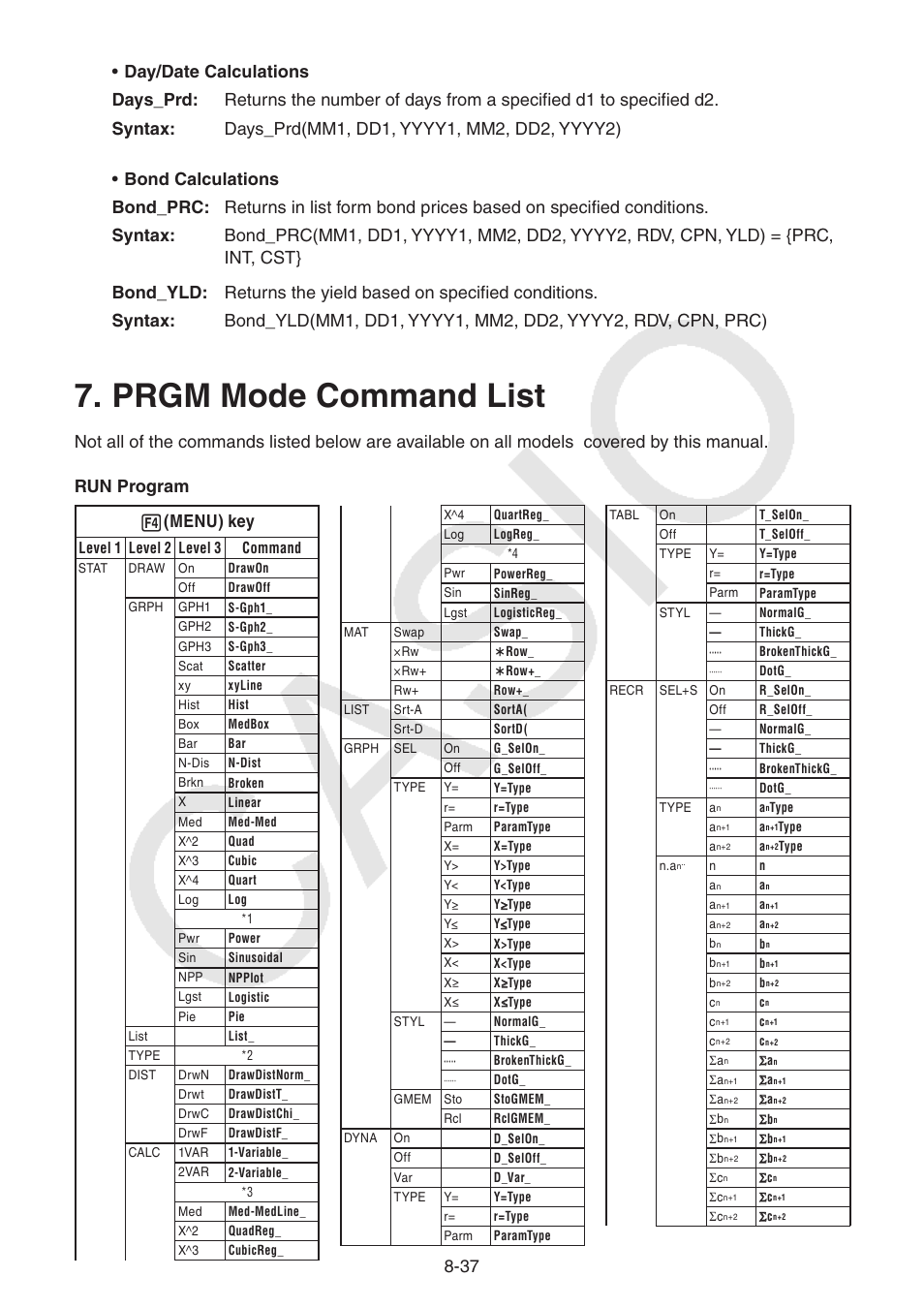 Prgm mode command list, Prgm mode command list -37 | Casio FX-9750GII User  Manual | Page 248 / 402 | Original mode