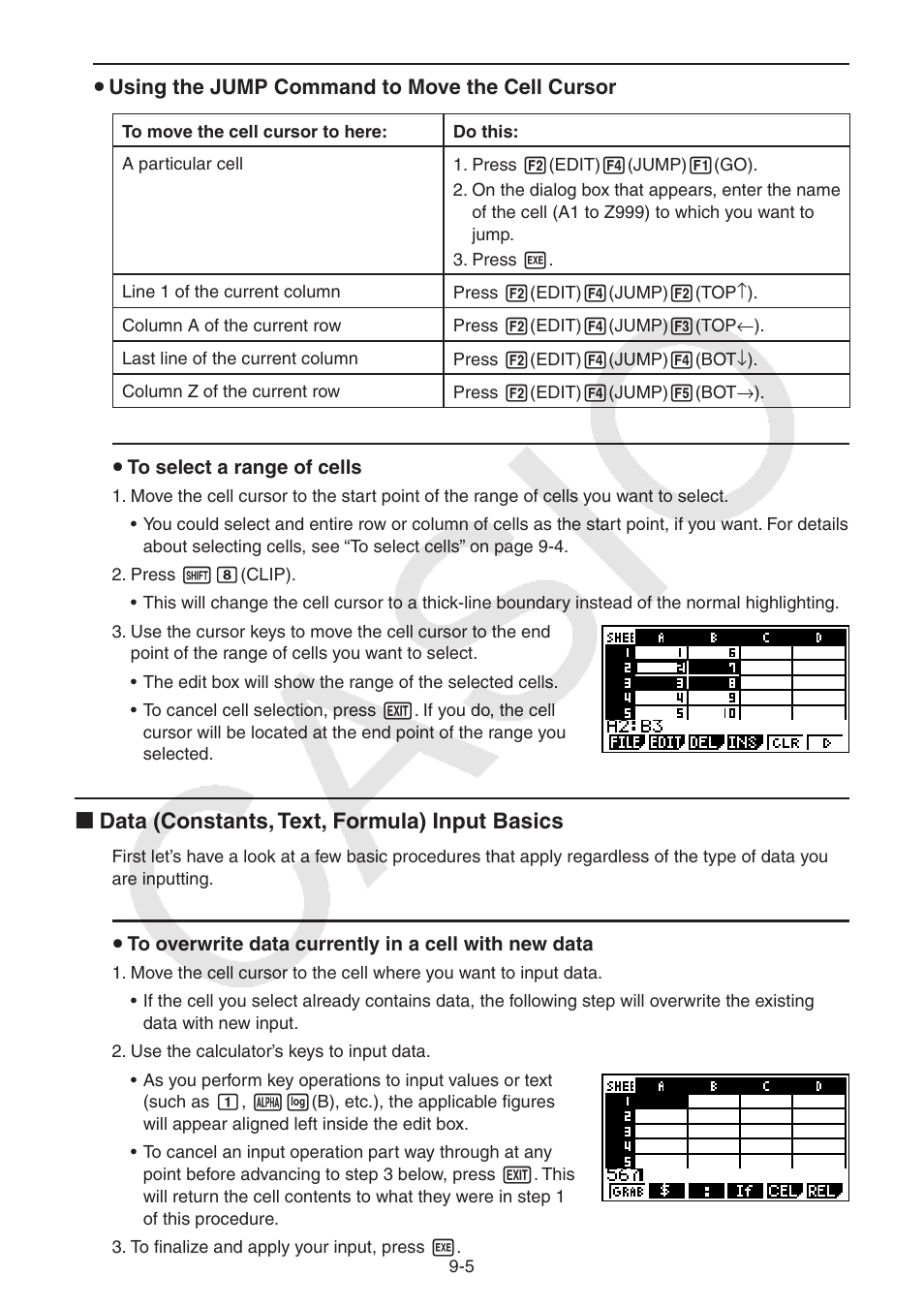 I data (constants, text, formula) input basics | Casio FX-9750GII User  Manual | Page 259 / 402 | Original mode