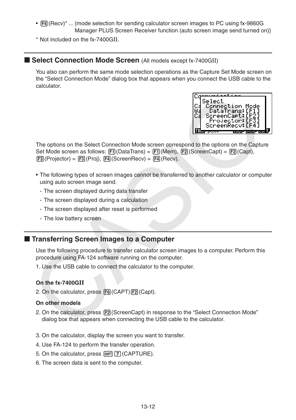 I select connection mode screen, I transferring screen images to a computer  | Casio FX-9750GII User Manual | Page 315 / 402 | Original mode