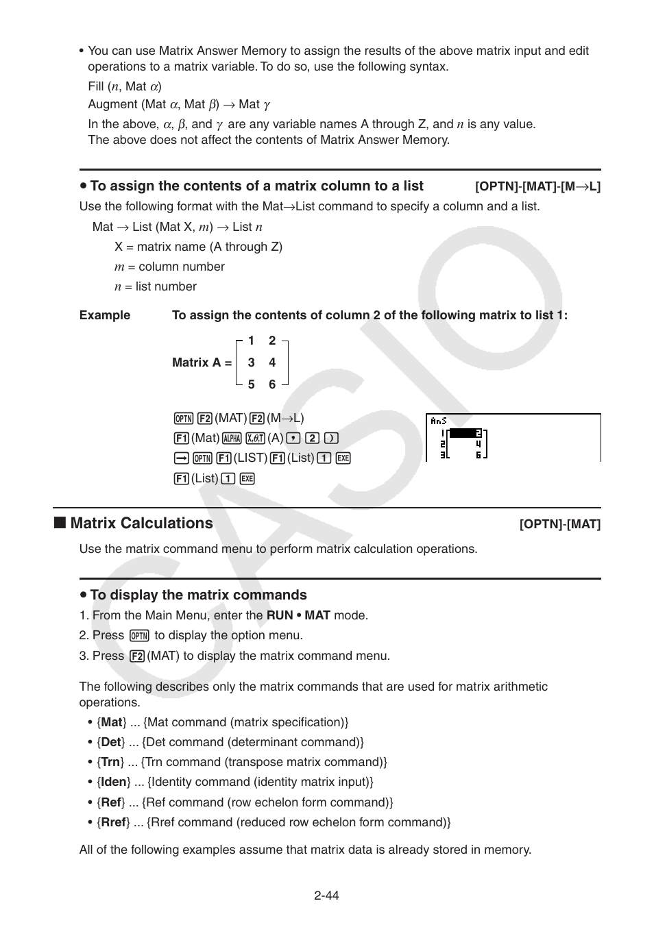 I matrix calculations | Casio FX-9750GII User Manual | Page 82 / 402