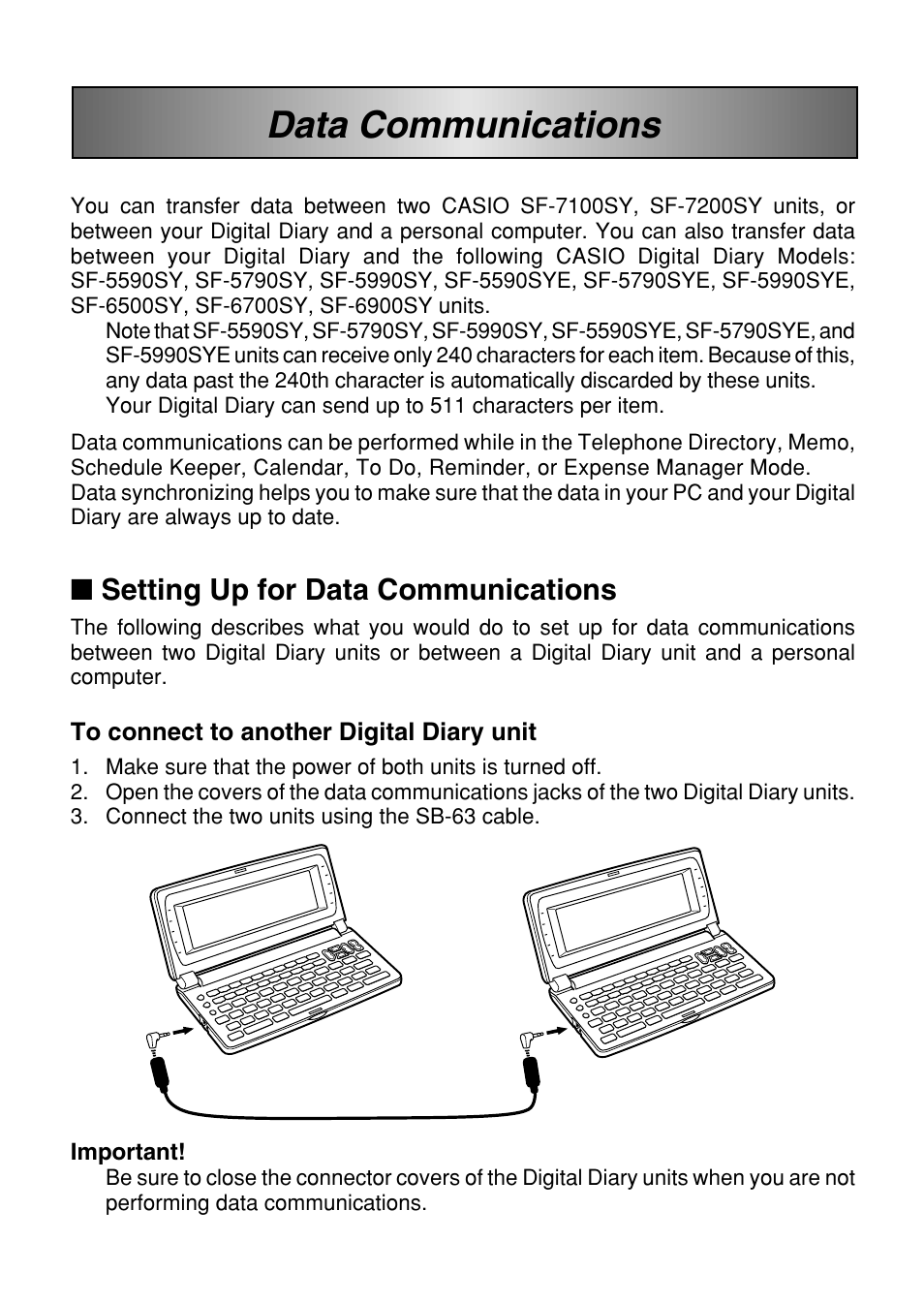 Data communications, Setting up for data communications | Casio SF-7100SY  User Manual | Page 70 / 83