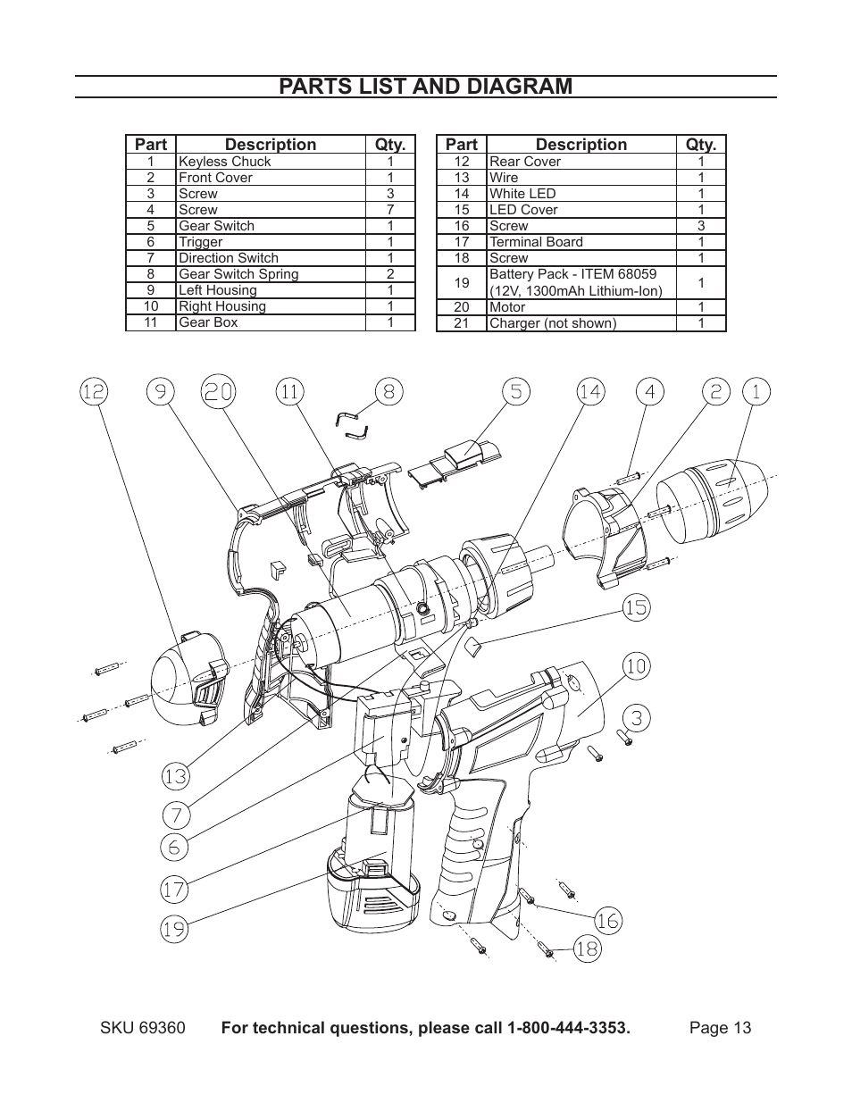 Parts list and diagram | Chicago Electric 12V Lithium CordLess drill 69360  User Manual | Page 13 / 14