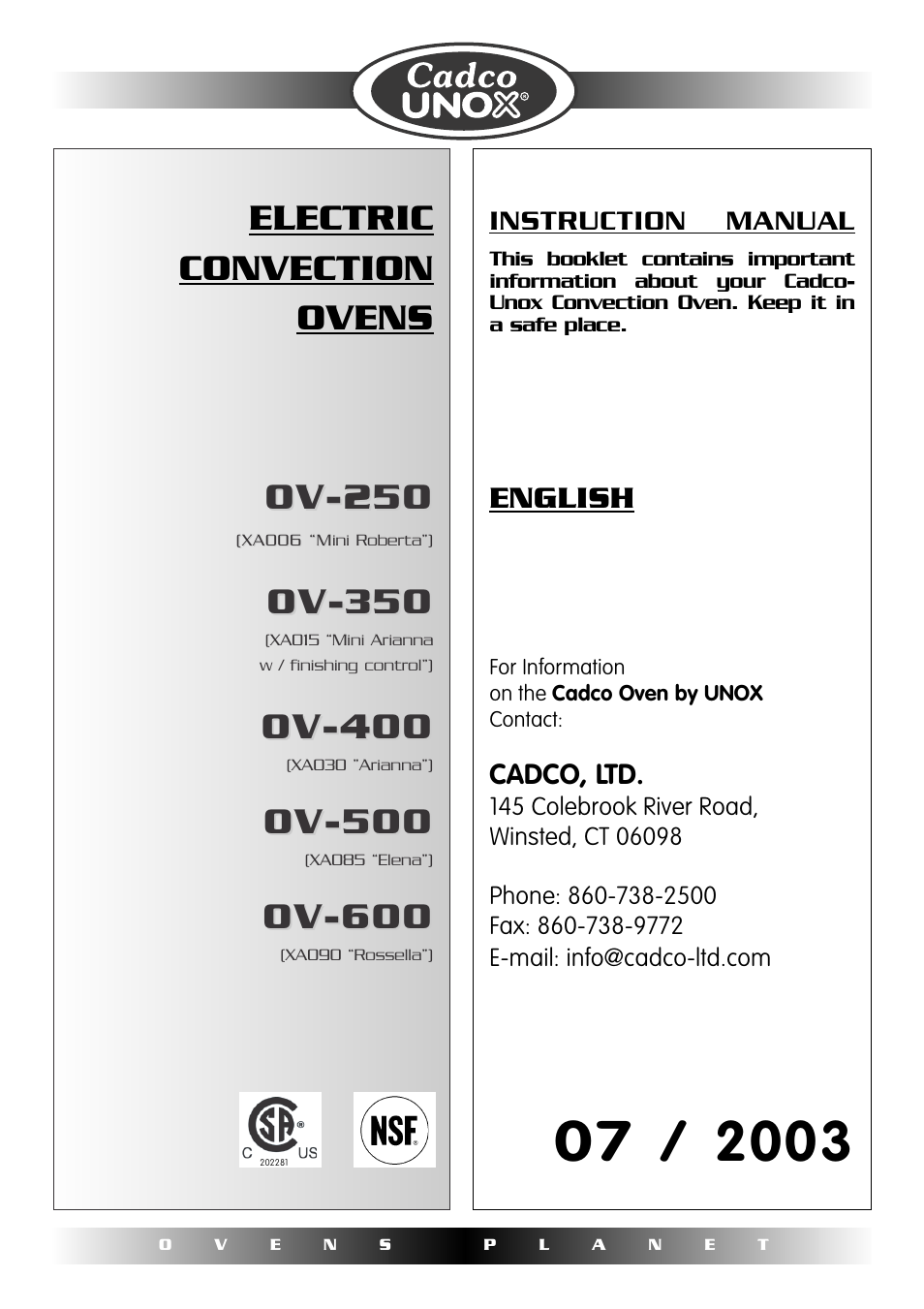 Cadco OV-250 User Manual | 16 pages | Also for: OV-400