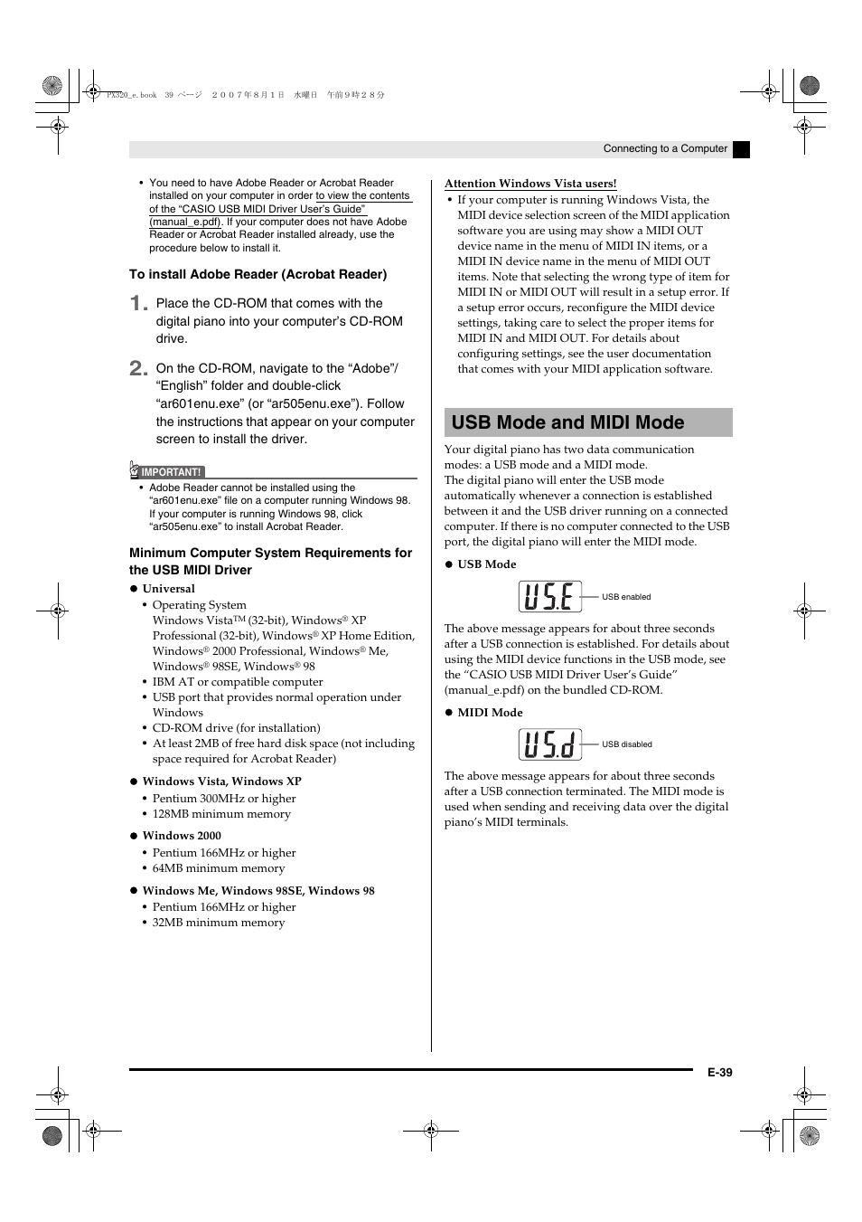 Usb mode and midi mode | Casio keyboard PX-320 User Manual | Page 41 / 62