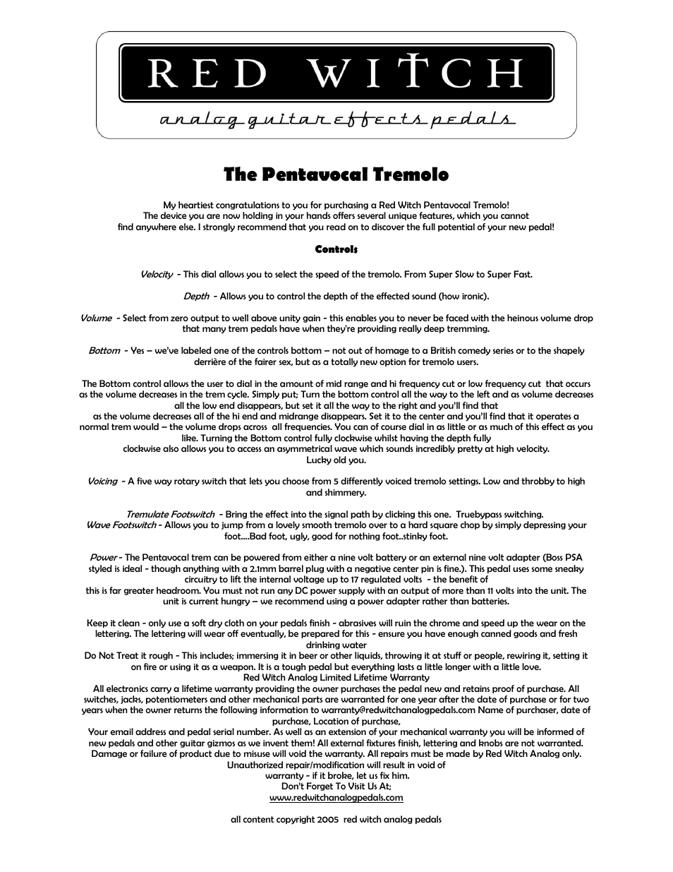 Red Witch Pentavocal Tremolo User Manual | 1 page