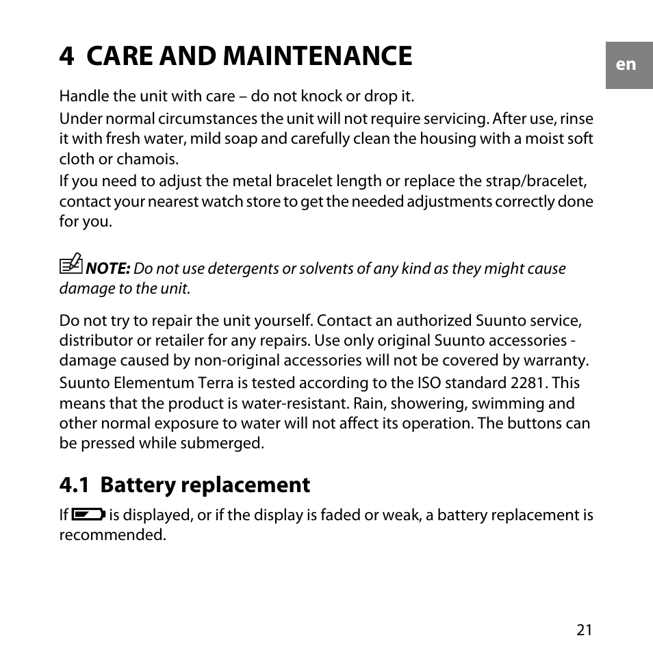 4 care and maintenance, 1 battery replacement | SUUNTO Elementum Terra User  Manual | Page 27 / 37