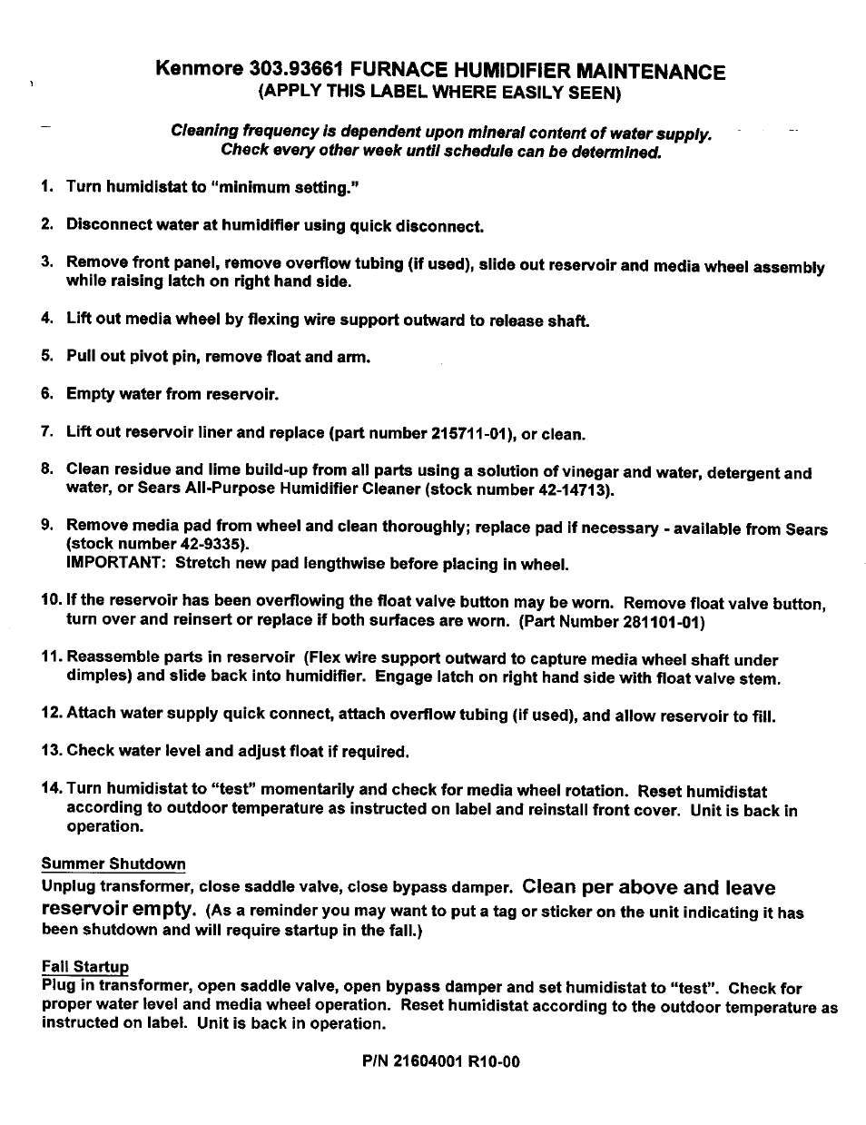 Kenmore 303 93661 Furnace Humidifier Maintenance Clean Per Above And Leave Reservoir Empty Sears 2500 User Manual Page 12 13 Original Mode