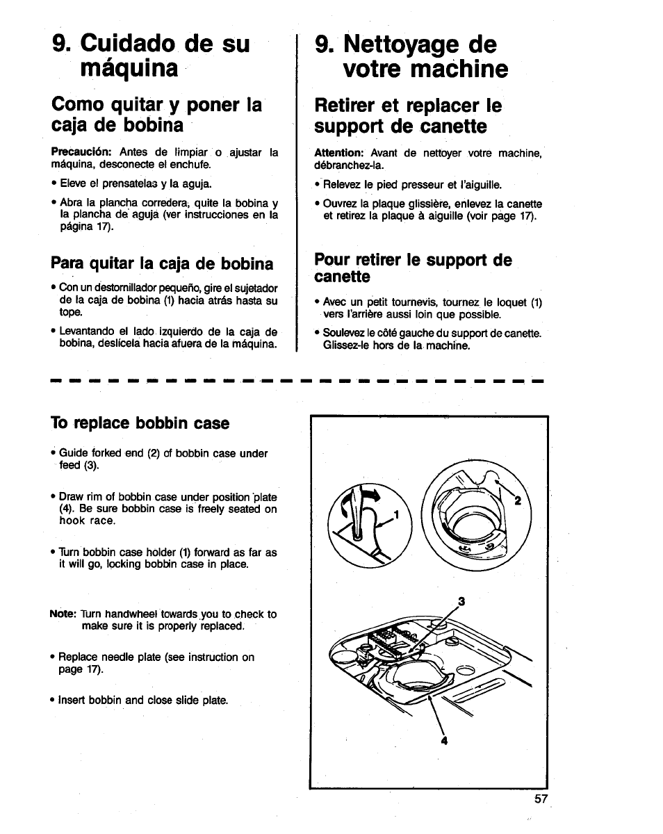 Como quitar y poner la, Caja de bobina, Para quitar la caja de bobina |  SINGER 3314 User Manual | Page 59 / 68