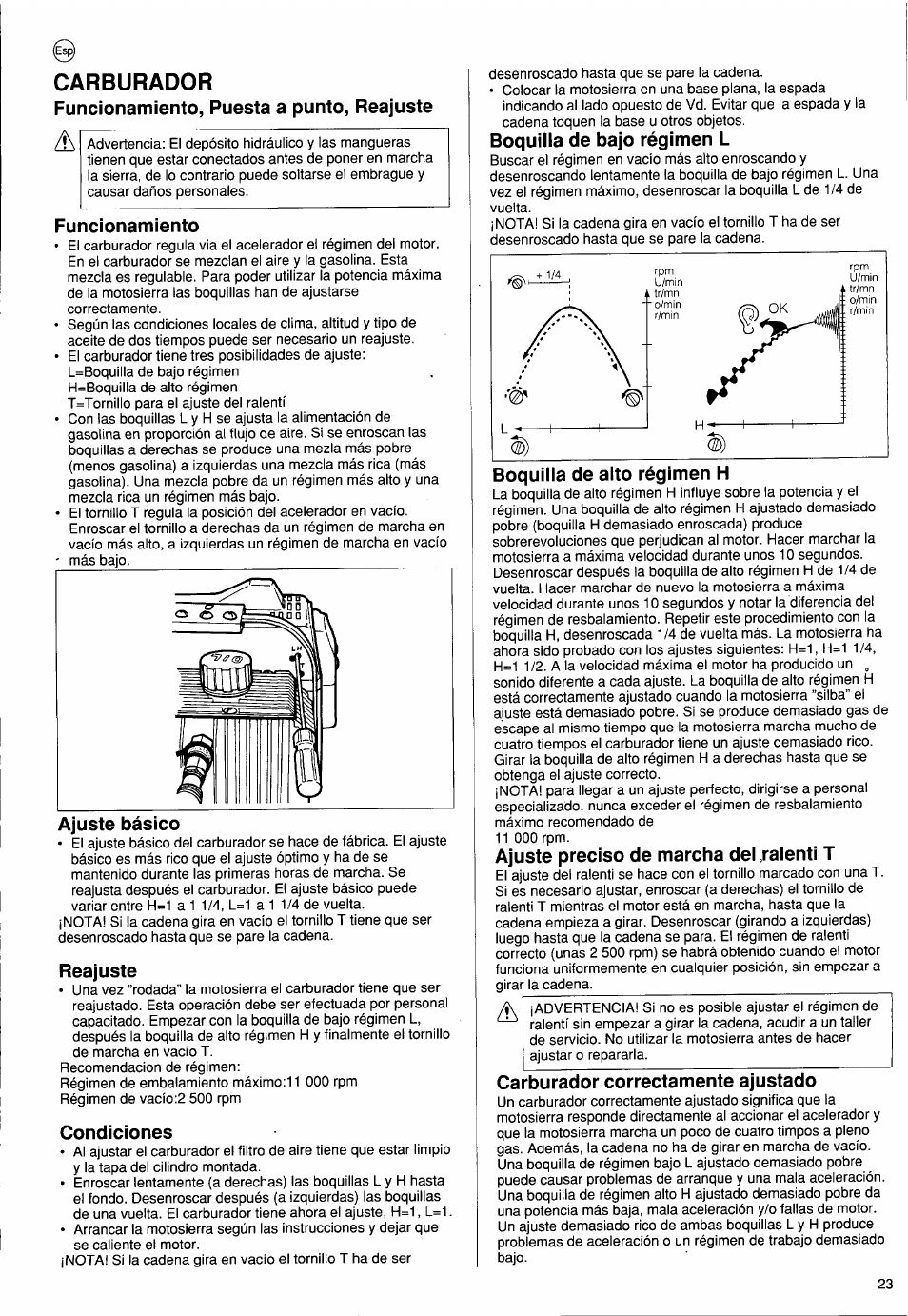 Carburador, Funcionamiento, puesta a punto, reajuste, Funcionamiento |  Husqvarna PS 50 User Manual | Page 22 / 43