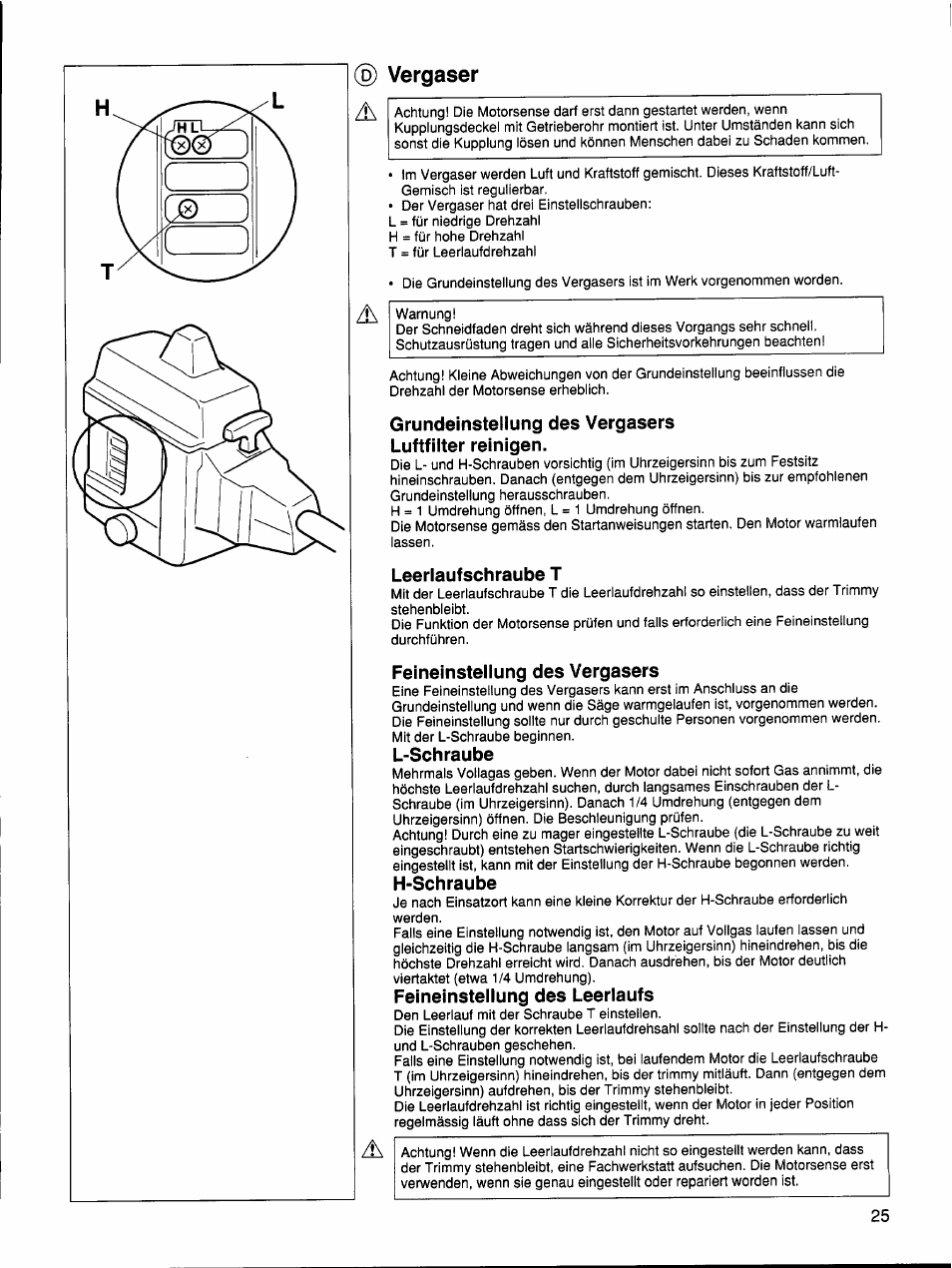 Grundeinstellung des vergasers luftfilter reinigen, Leerlaufschraube t,  Feineinstellung des vergasers | Husqvarna 26 R User Manual | Page 24 / 33