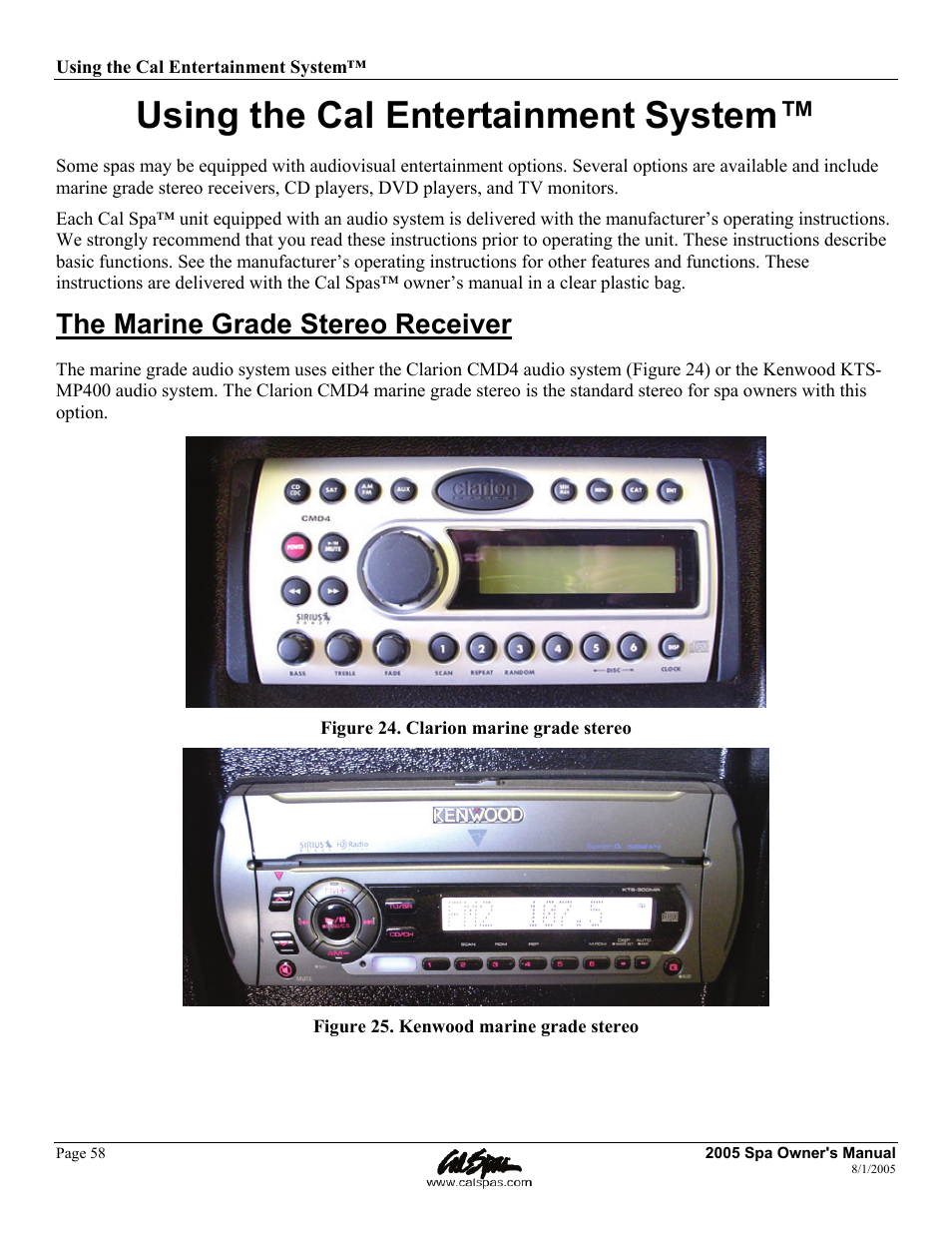 Using the cal entertainment system, The marine grade stereo receiver | Cal  Spas LTR20051000 User Manual | Page 62 / 120