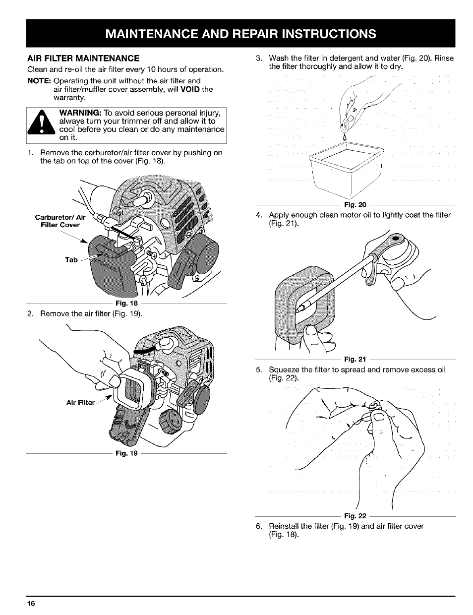 Maintenance and repair instructions | Ryobi Trimmer User Manual | Page 16 /  24 | Original mode