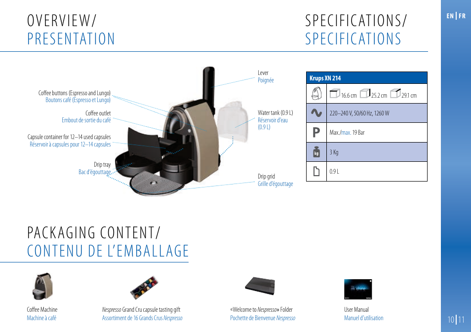 barriere Parat opkald Specifications/ specifications, Overview/ presentation, Packaging content/  contenu de l'emballage | Nespresso Essenza C99 User Manual | Page 11 / 140