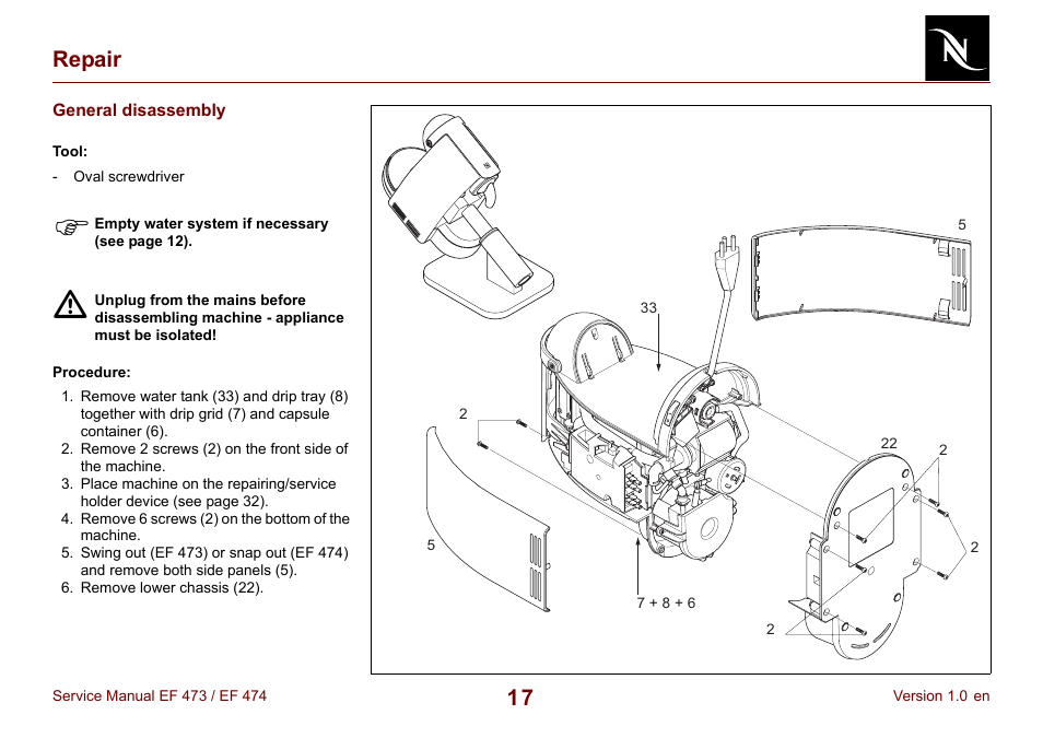 Repair, General disassembly | Nespresso Essenza FS EF 474 User Manual |  Page 17 / 38