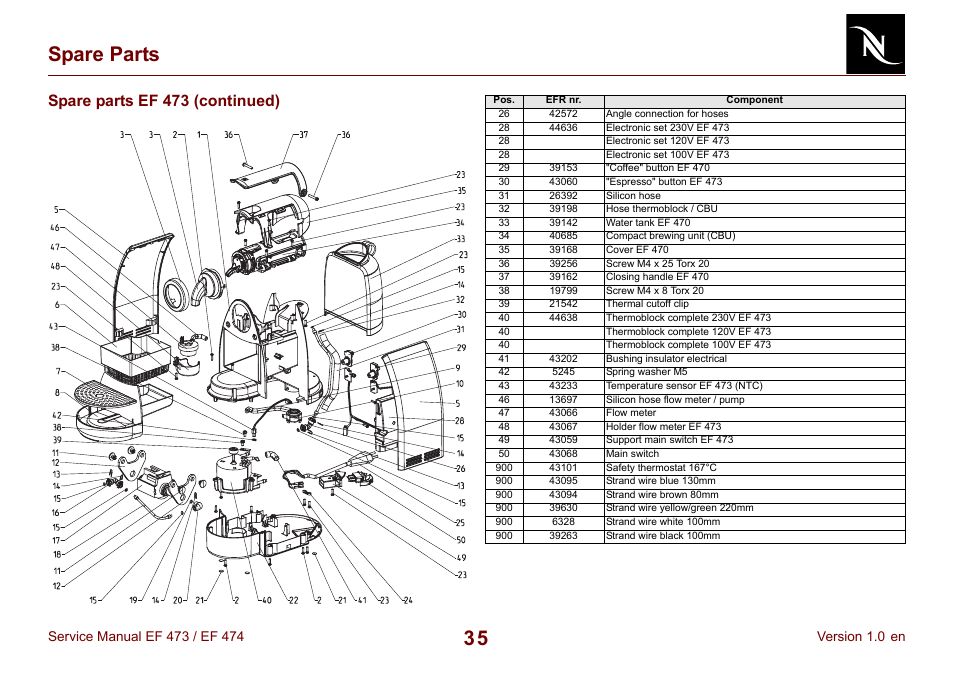 35 spare parts, Spare parts ef 473 (continued) | Nespresso Essenza FS EF  474 User Manual | Page 35 / 38