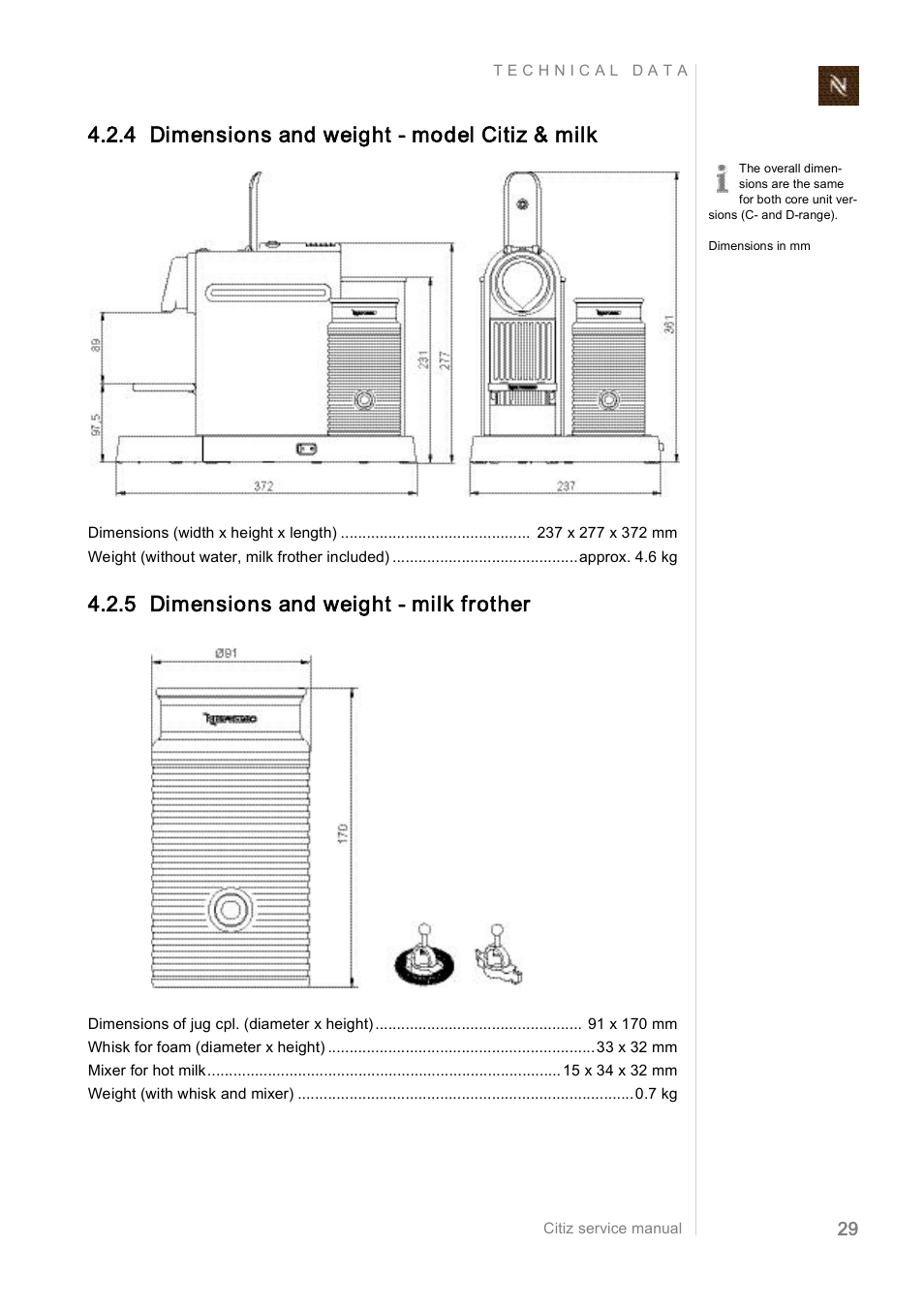 4 dimensions and weight model citiz & milk, 5 dimensions and weight milk  frother | Nespresso Citiz & Co EF 488 User Manual | Page 29 / 158
