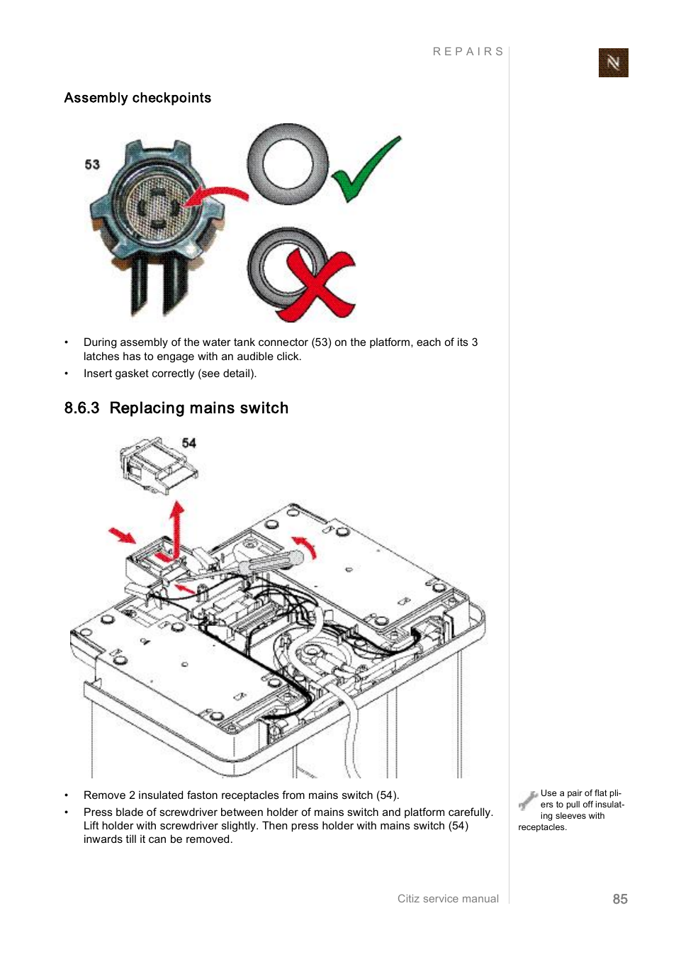 3 replacing mains switch | Nespresso Citiz & Co EF 488 User Manual | Page  85 / 158 | Original mode