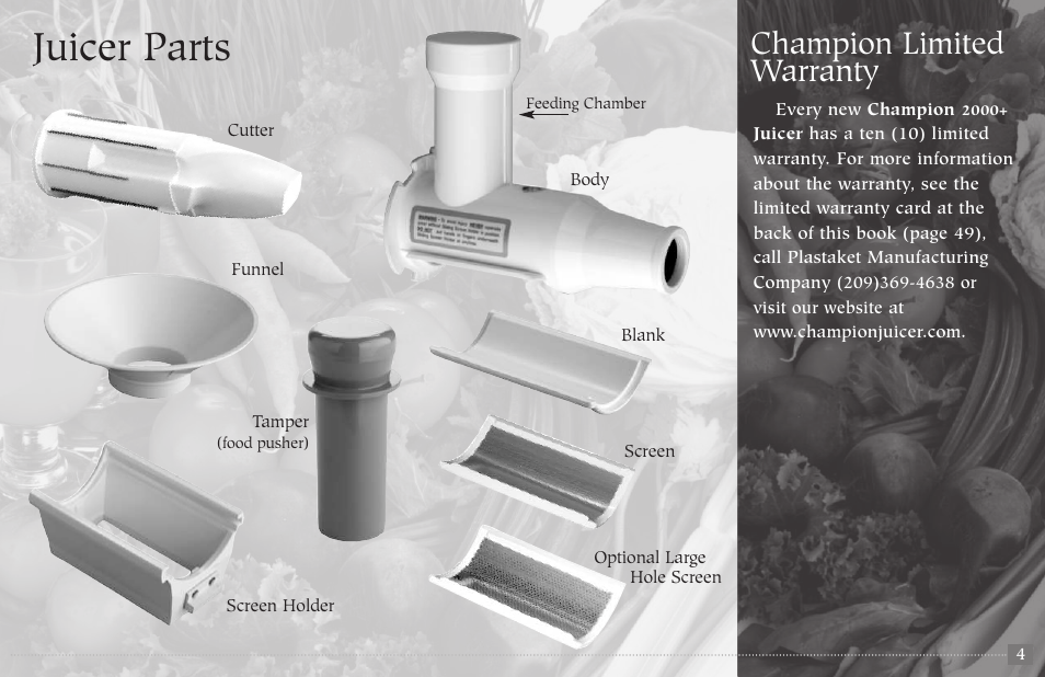 Juicer parts, Champion limited warranty | Champion juicer G5-NG-853-S User  Manual | Page 5 / 53