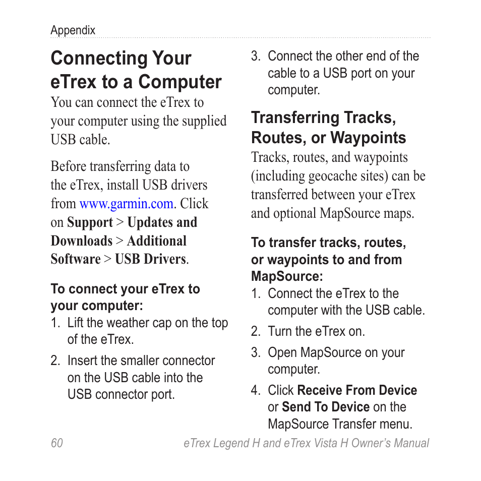 Connecting your etrex to a computer, Connecting your etrex to a, Computer | Garmin  eTrex Legend H User Manual | Page 62 / 68