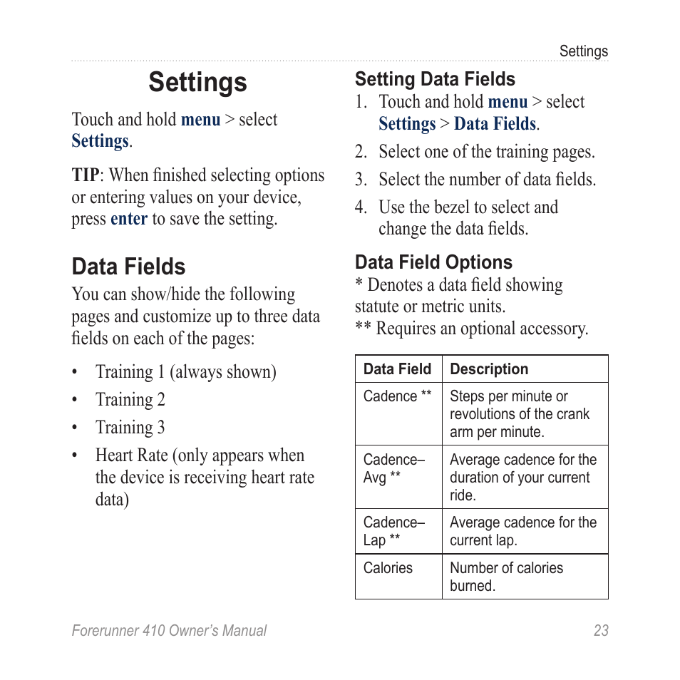 Settings, Data fields | Garmin Forerunner 410 User Manual | Page 29 / 52 |  Original mode