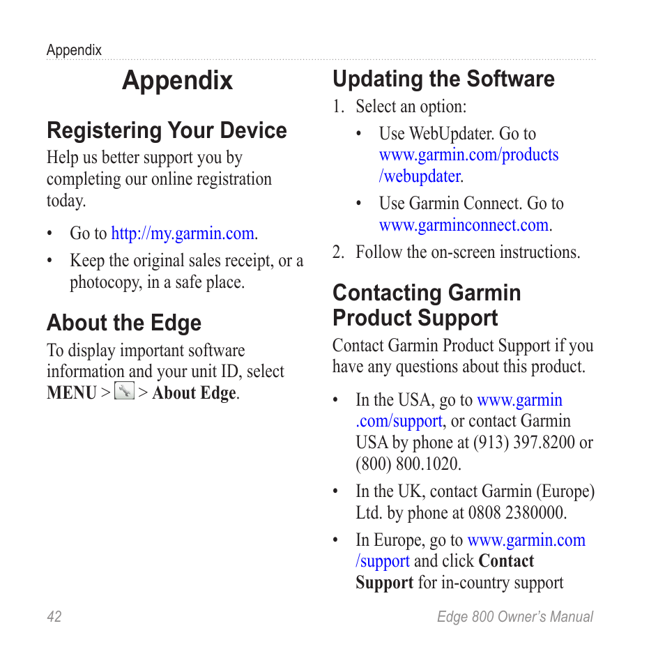 Appendix, Registering your device, About the edge | Garmin Edge 800 User  Manual | Page 46 / 60