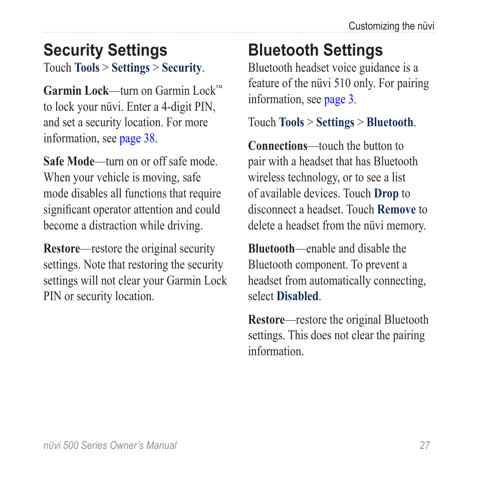 Security settings, Bluetooth settings | Garmin nuvi 500 User Manual | Page  33 / 58