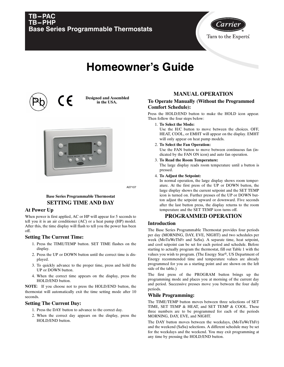 Homeowner's guide, Setting time and day, Manual operation | Carrier BASE  SERIES PROGRAMMABLE THERMOSTATS TB-PAC User Manual | Page 5 / 8