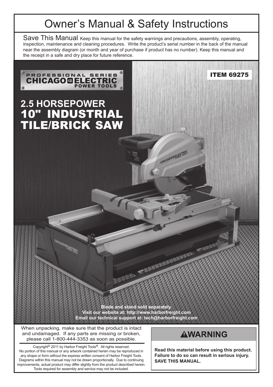Chicago Electric 10" Industrial Tile/Brick Saw 69275 User Manual | 20 pages