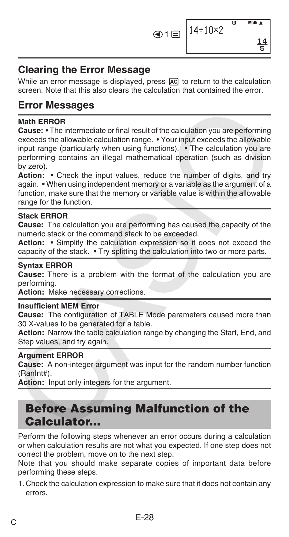 Before assuming malfunction of the calculator, Clearing the error message,  Error messages | Casio FX-95ES PLUS EN User Manual | Page 29 / 32
