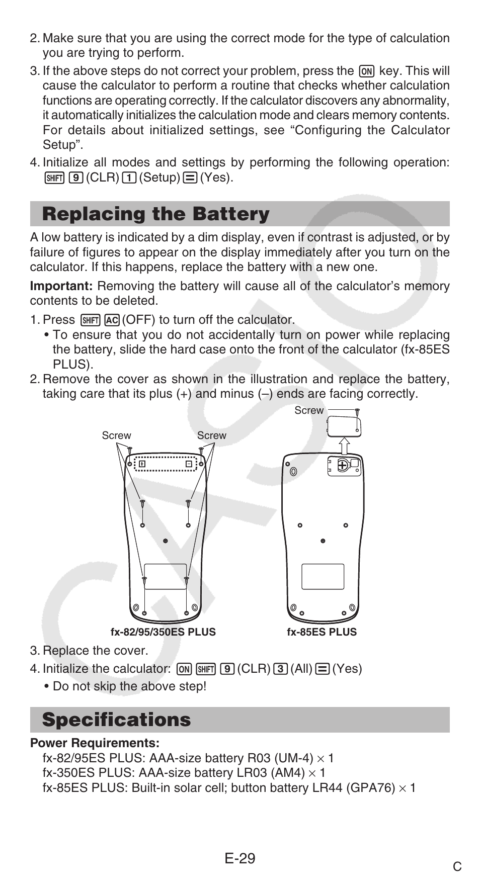 Replacing the battery, Specifications, E-29 | Casio FX-95ES PLUS EN User  Manual | Page 30 / 32 | Original mode
